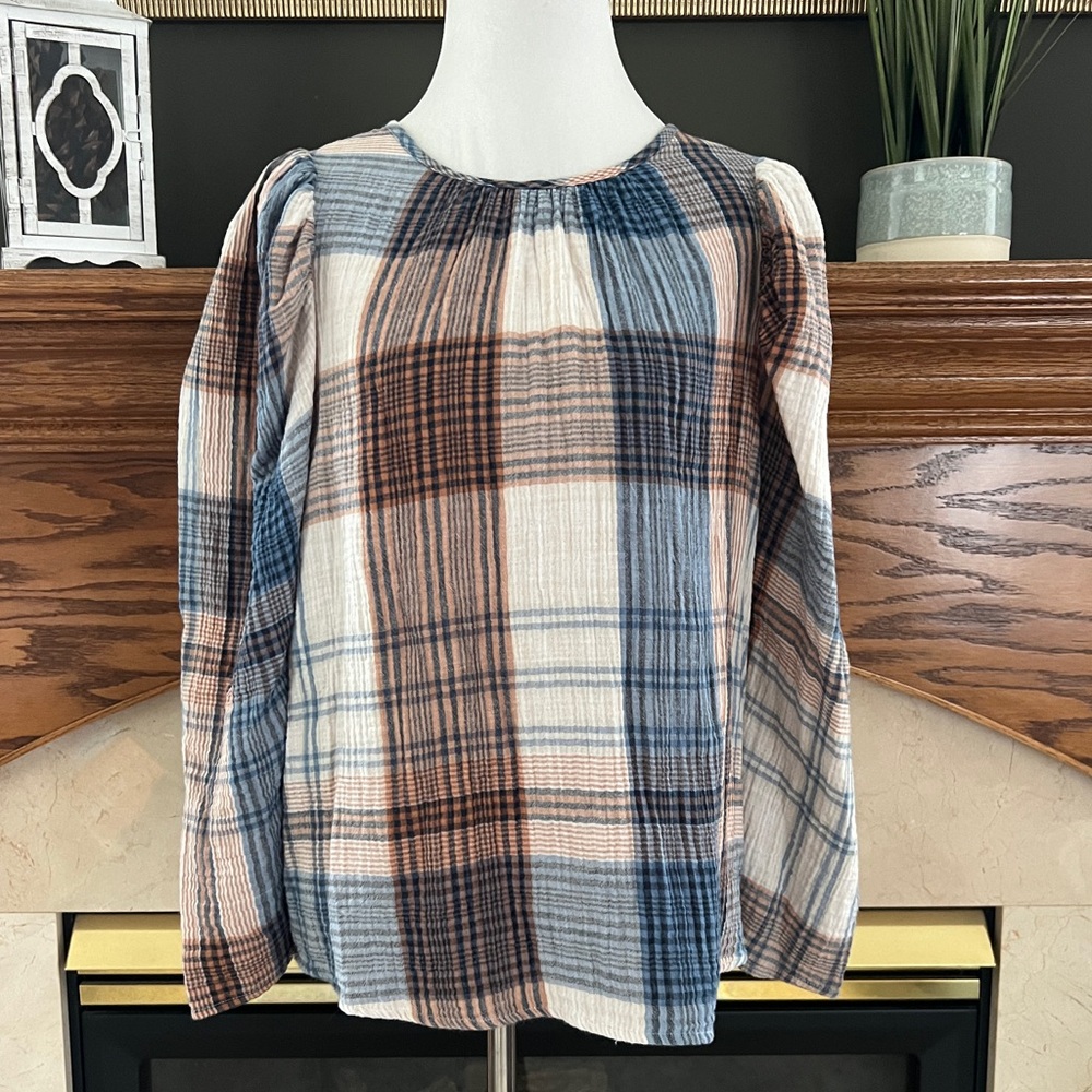 Universal Thread Women's Crinkle Gauze Pullover Plaid Blouse Size Small
